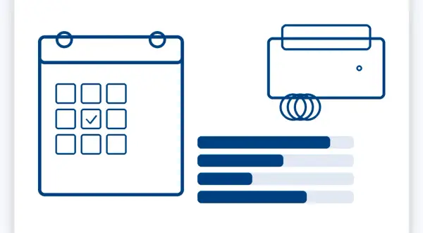 Kalender mit Häkchen, Geldbörse und Fortschrittsbalken. Diese Elemente symbolisieren niedrigschwellige Angebote, die leicht zugänglich und verständlich sind.