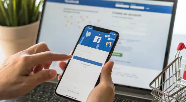 Ręce trzymające smartfon z ekranem logowania Facebooka. Dowiedz się, jak dodać email na FB, aby ułatwić sobie dostęp.