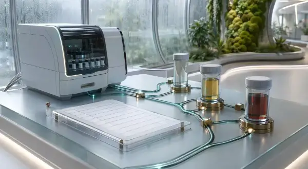 Nowoczesny analizator laboratoryjny z probówkami i płytką do hodowli komórkowych. W tle zielona ściana roślin. Badania nad ki 67.