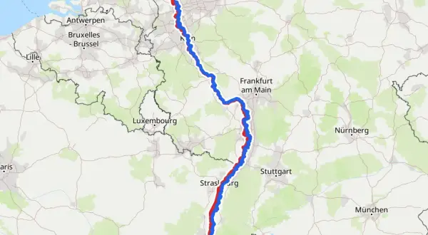 Mapa Europy z zaznaczonymi europejskimi trasami rowerowymi wzdłuż rzek, od Holandii przez Niemcy po Szwajcarię.