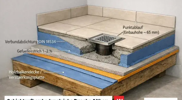 Schichtaufbau für eine bodengleiche Dusche im Altbau: Holzbalkendecke, Verbundabdichtung, Gefälleestrich und Punktablauf. So lässt sich eine ebenerdige Dusche bauen.