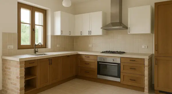 Cocinas rústicas con encimeras de hormigón, gabinetes de madera y detalles de ladrillo.