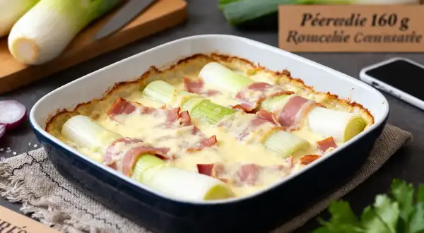 Un délicieux gratin de poireaux, enveloppés de lardons et nappés d'une sauce crémeuse, sort du four.
