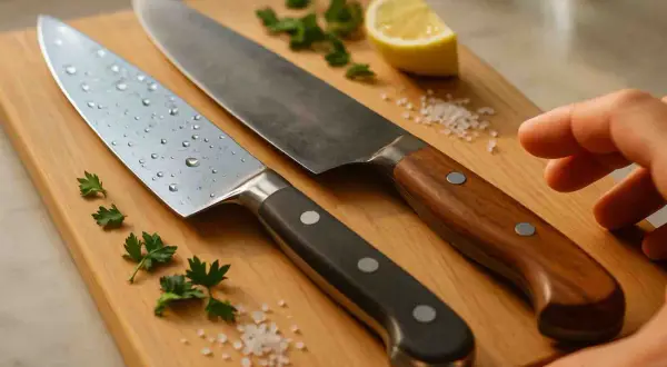Dos cuchillos de cocina de alta calidad, uno con gotas de agua, sobre una tabla de madera. El acero sueco brilla, listo para preparar ingredientes frescos.