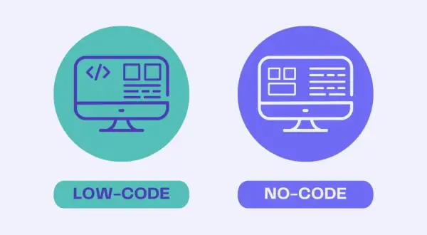 Icônes comparant le développement no-code (sans code) et low-code (peu de code) sur des écrans d'ordinateur.