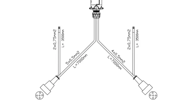 Schéma de câblage pour une prise remorque poids lourd 24V. Le connecteur 7 broches se divise en deux câbles, l'un pour une prise 5 broches (antibrouillard) et l'autre pour une prise 5 broches standard.