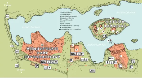 Mapa Muzeum Pierwszych Piastów na Ostrowie Lednickim. Widok na jezioro, grodzisko, skansen i ścieżki.