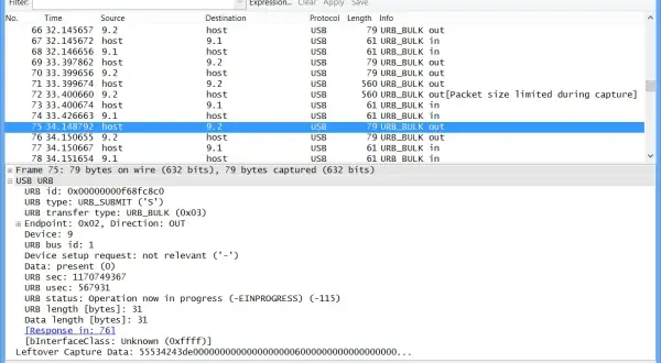 Analiza ruchu USB przez sniffer. Widoczny pakiet URB_BULK out, wysłany z hosta do urządzenia.