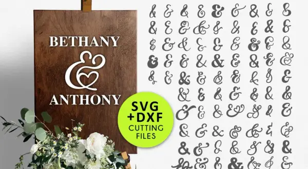 Panneau en bois avec "Bethany & Anthony", entouré de fleurs. À droite, 80 vecteurs d'esperluettes variés.