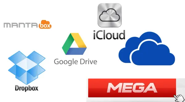 Loga usług: Dropbox, Google Drive, iCloud, MantaBox i MEGA. Wybierz swoją darmową chmurę do przechowywania danych.