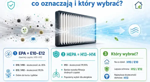 Porównanie filtrów EPA i HEPA. HEPA H13 zatrzymuje 99,95% zanieczyszczeń, idealny dla alergików.