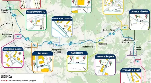 Mapa pokazuje, gdzie pociąg i autobusy łączą Kłodzko z Lądkiem-Zdrój i innymi miejscowościami.
