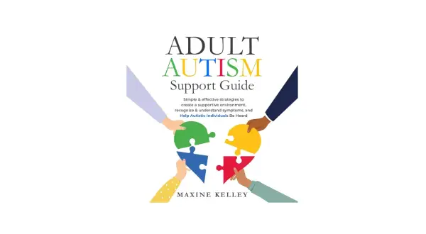 Okładka "Adult Autism Support Guide" z puzzlami tworzącymi głowę, symbolizującymi myślenie autystyczne.