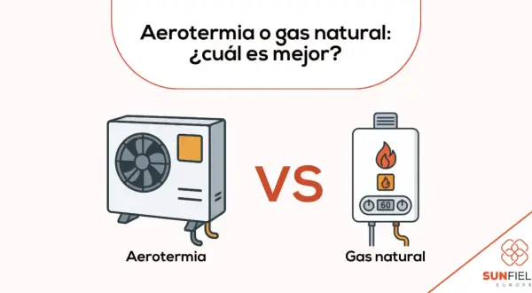 Comparativa visual de aerotermia vs gas natural, mostrando una unidad exterior de aerotermia y una caldera de gas natural.