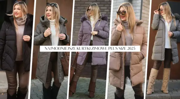 Kobiety prezentują modne kurtki zimowe plus size XXL w różnych kolorach. Stylowe, ciepłe okrycia na zimę.