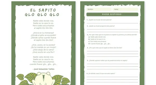 Ficha lectura del poema "El sapito Glo Glo Glo", con preguntas para responder sobre el texto y su personaje.