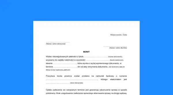 Wezwanie do zapłaty z nagłówkiem MONIT, zawierające dane wierzyciela i dłużnika, kwotę należności oraz termin płatności.