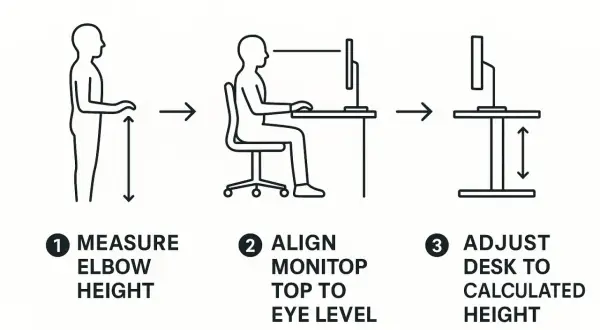 Diagram shows how to determine how tall should a desk be: measure elbow height, align monitor to eye level, then adjust desk.