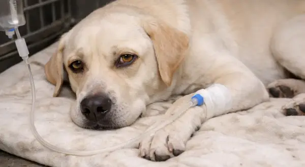 Labrador leży pod kroplówką, walcząc z leptospirozą. Jego oczy wyrażają zmęczenie, ale też nadzieję na powrót do zdrowia.