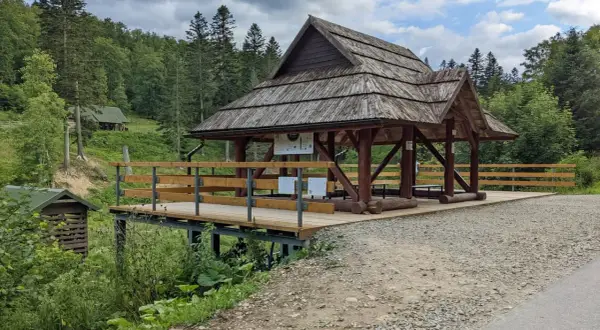 Drewniana wiata i platforma widokowa w Bieszczadach, idealne miejsce na odpoczynek podczas zwiedzania zagrody żubrów.