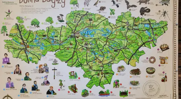 Mapa **parku krajobrazowego Dolina Baryczy** z zaznaczonymi atrakcjami przyrodniczymi, historycznymi i kulturalnymi.