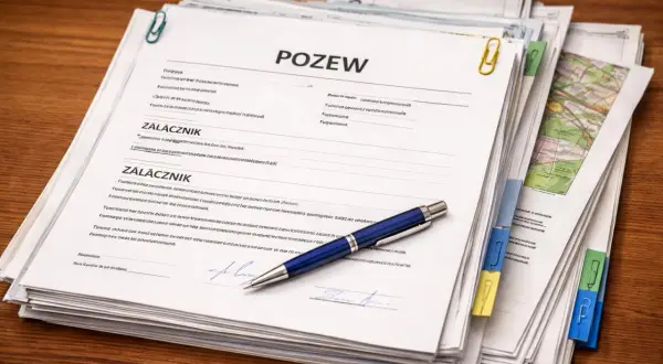 Stos dokumentów z nagłówkiem "POZEW" i niebieskim długopisem. Dowiedz się, jak napisać pozew do sądu, analizując te materiały.