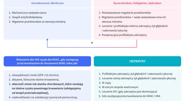 Schemat porównuje antykoagulanty VKA, NOAC i heparyny, wskazując ich zastosowania i przeciwwskazania.
