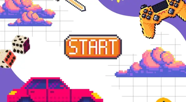 Pixelartowe wspomnienia: miecz, kostki, auto, pad i chmury. Powrót do **gier z dzieciństwa na komputer**.
