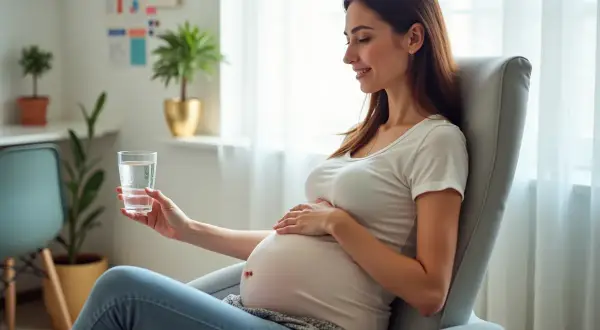 Czekasz na badania prenatalne i zastanawiasz się, czy na badania prenatalne trzeba być na czczo? Kobieta w ciąży siedzi w fotelu z wodą.