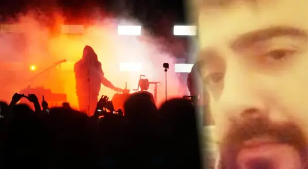 Gennaro Nocerino liberato sul palco, tra fumo e luci arancioni, con il volto sovrapposto.
