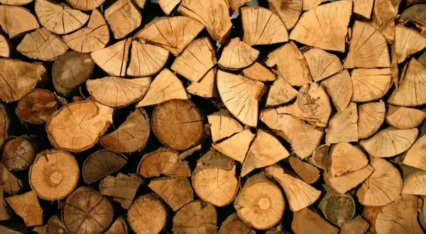 Ein Stapel gespaltenes Holz, das zeigt, dass Fichte gutes Brennholz ist. Die Holzscheite sind sauber aufgeschichtet und bereit für den Winter.