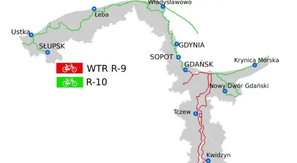 Mapa tras rowerowych WTR R-9 (czerwona) i R-10 (zielona) wzdłuż Wisły i wybrzeża.