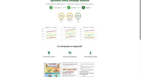 Wykresy pokazują siatki centylowe dla wagi, wzrostu i BMI dziecka. Tabela wagi wcześniaków jest częścią analizy.