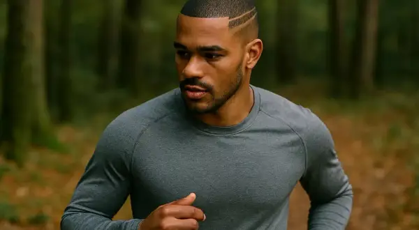 Homme avec un buzz cut stylisé, courant dans une forêt.