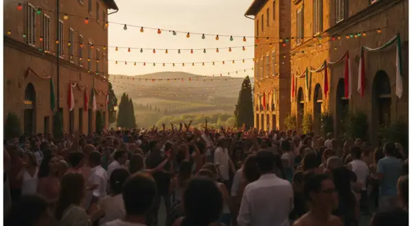 Festa in piazza a San Panfilo Sulmona, con luci colorate e gente che balla.