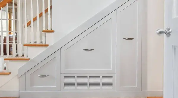 Solución inteligente para hacer armario bajo escalera. Muebles blancos a medida aprovechan cada rincón.