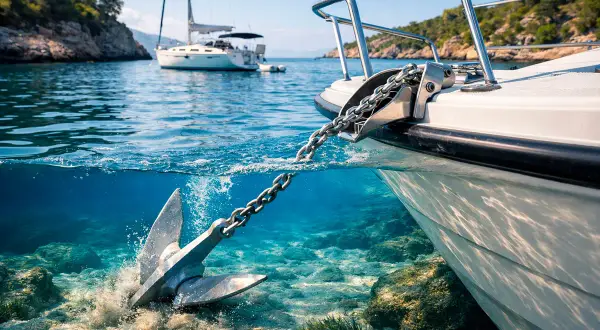 Ancora di una barca che affonda nel fondale cristallino, un dettaglio del suo peso che la ancora saldamente.