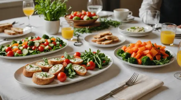 Une table dressée avec des salades colorées, des toasts au fromage frais et des jus d'orange. Une entrée simple et bluffante pour un repas convivial.