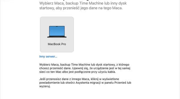 Jak przenieść dane z Maca na Maca? Wybierz źródło danych: MacBook Pro, backup Time Machine lub inny serwer.