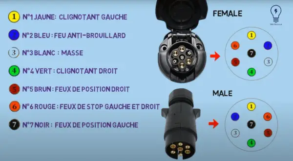 Schéma prise 7 broches : connecteur mâle et femelle avec numérotation et couleurs des fils pour feux de remorque.
