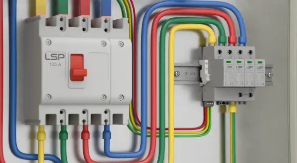 W skrzynce elektrycznej widać wyłącznik i moduły przepięciówki, połączone kolorowymi przewodami.