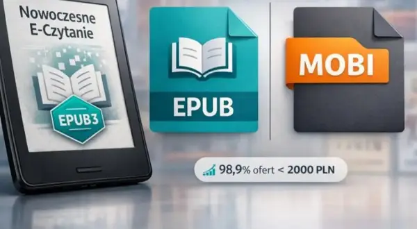 E-czytnik z napisem "Nowoczesne E-Czytanie" i logo EPUB3, obok ikony formatu EPUB i MOBI. Który wybierasz?