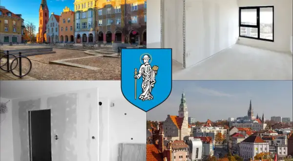 Olsztyn: Rynek, wnętrza w remoncie, panorama miasta i herb.
