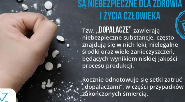 Dłoń zbliża się do białego proszku i tabletek. "Dopalacze" zawierają niebezpieczne substancje toksyczne, leki i zanieczyszczenia.
