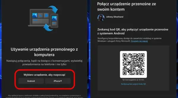 Jak połączyć telefon z laptopem? Aplikacja "Łącze z telefonem" pozwala na synchronizację. Wybierz Android lub iPhone, zeskanuj kod QR.