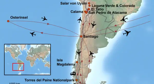 Reiseroute für Chile-Backpacking: Von Osterinsel über Atacama & Uyuni nach Patagonien. Flugzeuge und Busse markieren die Stationen.