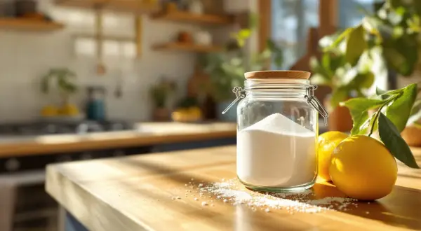 Barattolo di acido citrico, un alleato naturale per la lavatrice, accanto a limoni freschi su un tavolo di legno.
