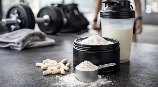Poudre et capsules de BCAA, shaker de lait, haltères et serviette dans une salle de sport. Idéal pour savoir quand prendre BCAA.