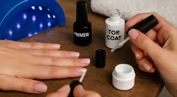 Dłonie przygotowują paznokcie do stylizacji. Widać lampę UV, buteleczki z primerem i top coat, a także pędzelek.