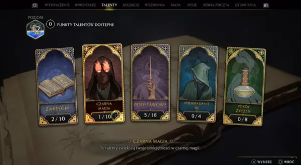 Menu talentów w Dziedzictwie Hogwartu: Zaklęcia, Czarna Magia, Podstawowe, Podkradanie się, Pokój Życzeń.